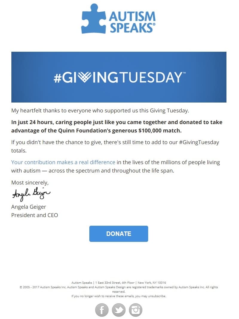 Autism Speaks email showing an example of a Giving Tuesday message of thanks