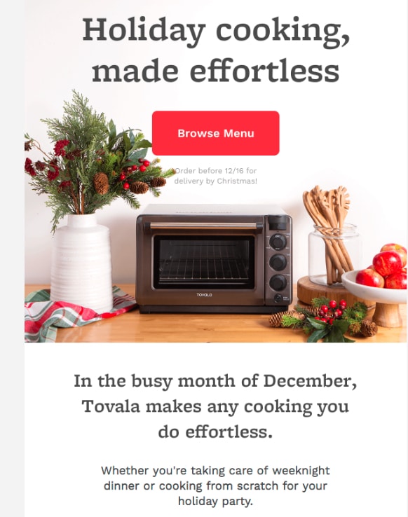 Tovala newsletter example: When thinking of ideas for your email newsletter, consider an email with recipes.