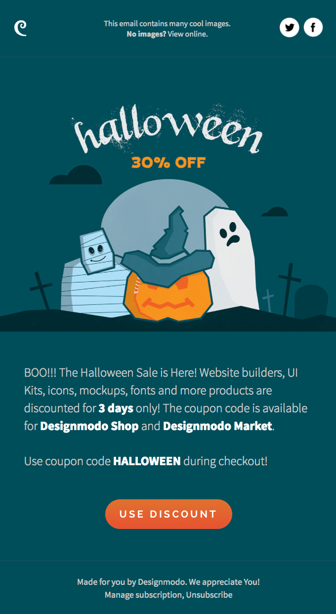  Email promo with pumpkin, mummy, and ghost cartoon images.