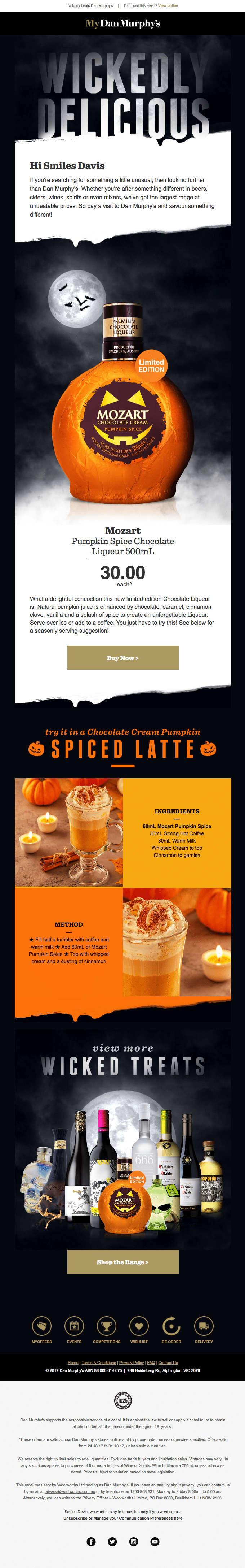 Halloween promo email promoting multiple foods and drinks 