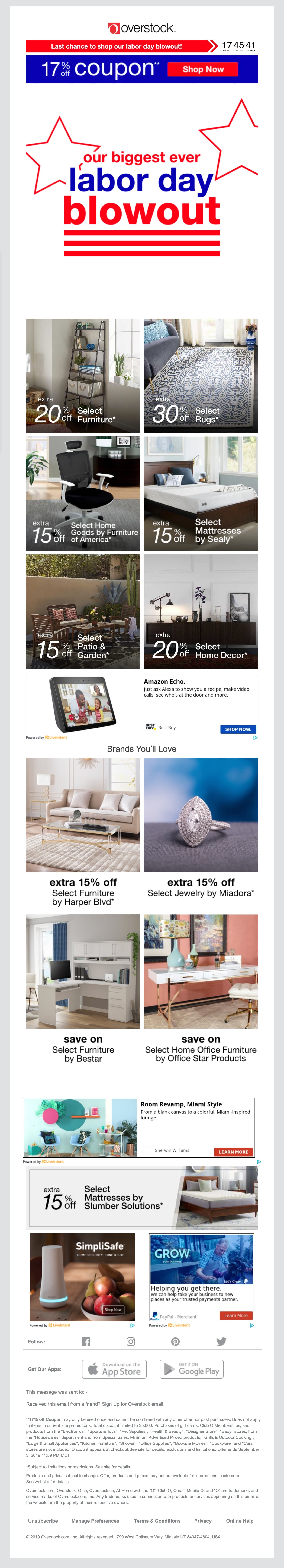 Overstock holiday sales email counts down the days left to shop before a big holiday. 