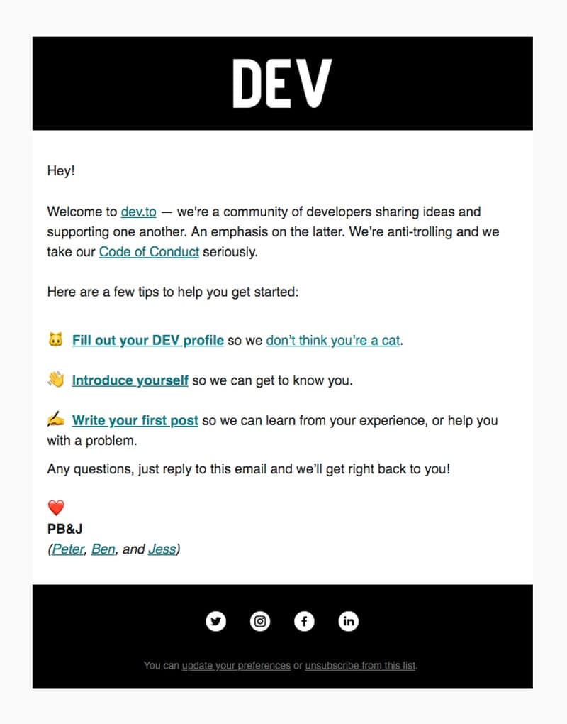  Dev.to email showing an example of an automated welcome message