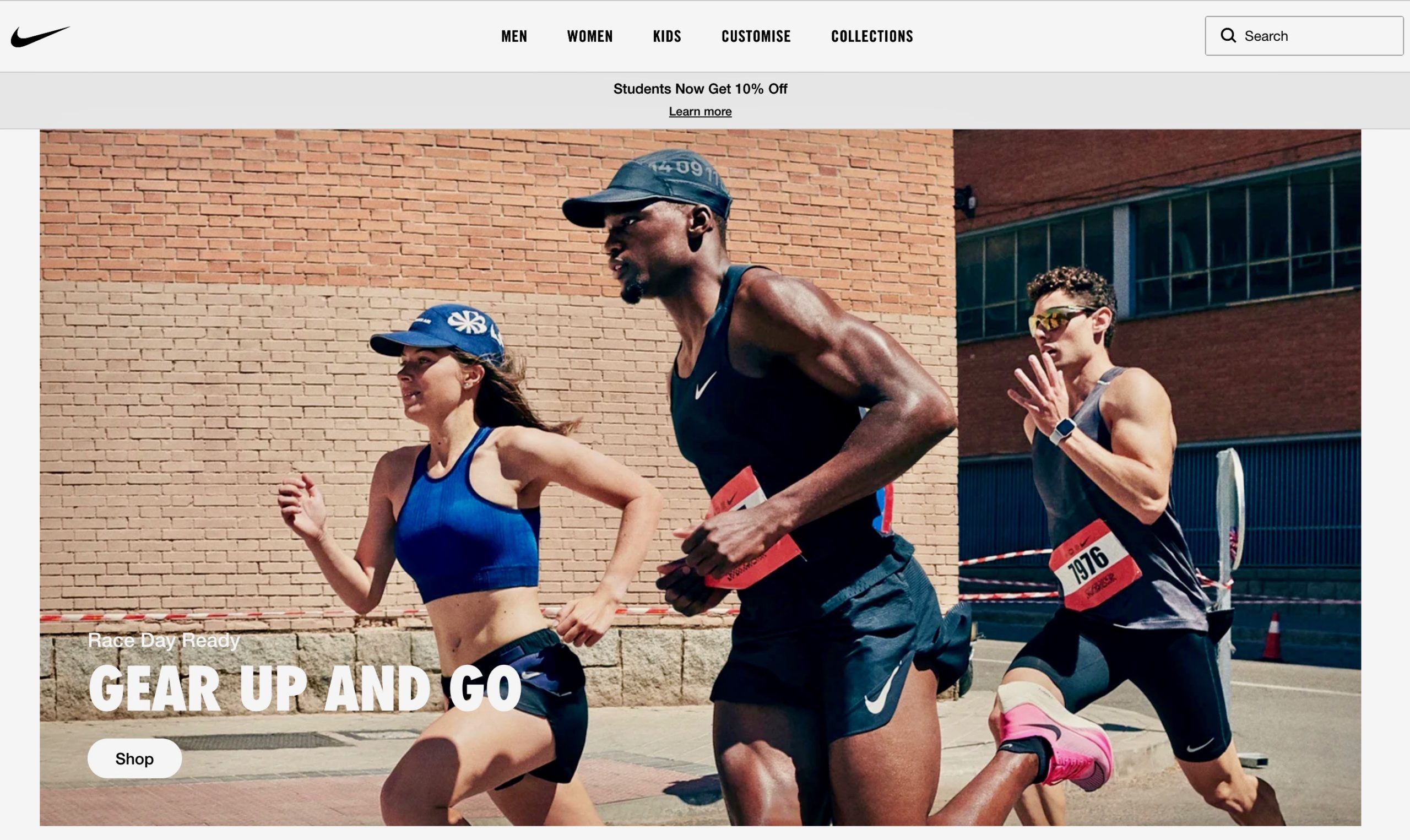Nike landing page example uses deictic gaze in visuals by showing people running toward the shop button.