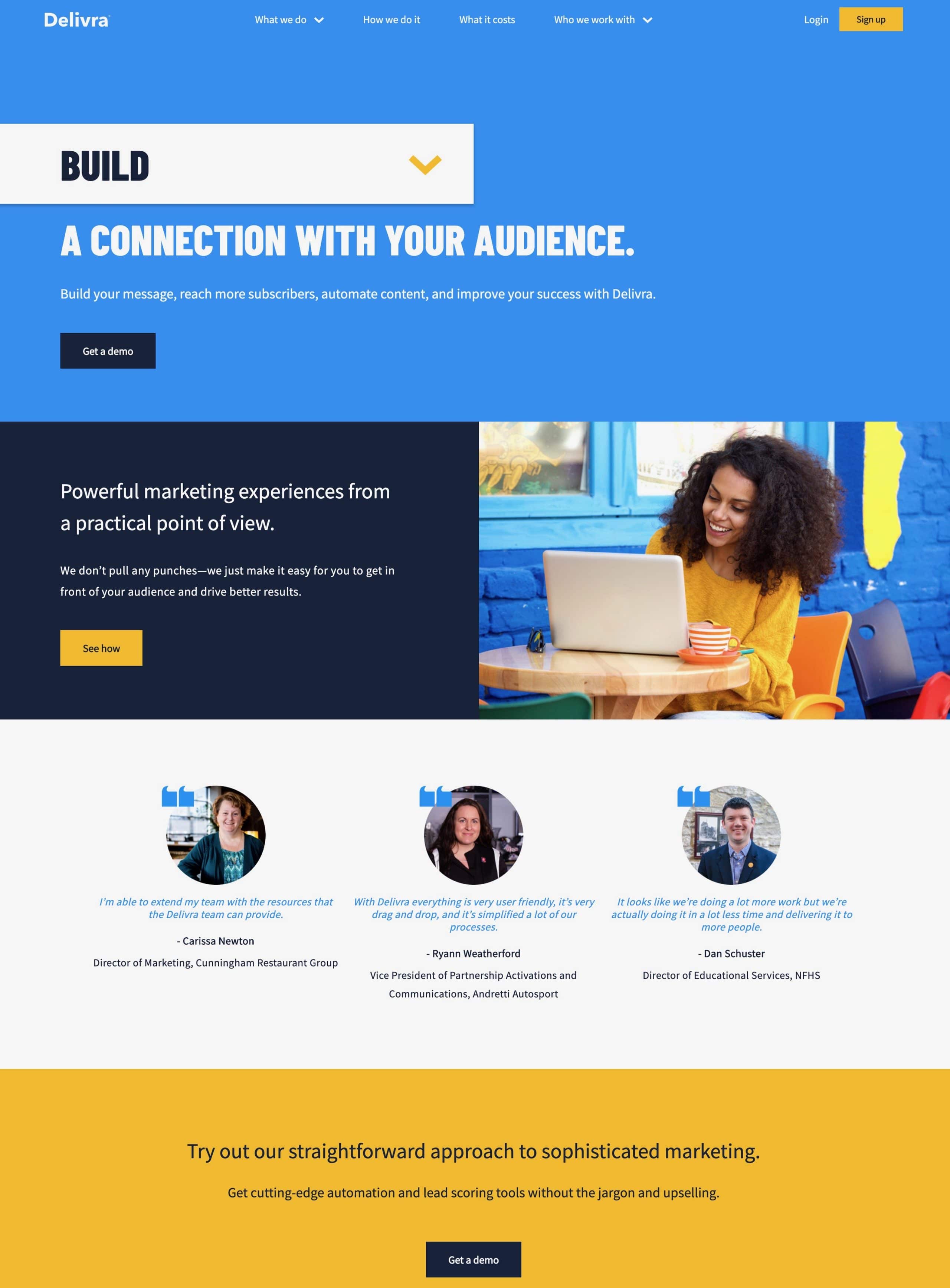 Delivra landing page example delivers a strong CTA using highly contrasting colors, concise copy, with one primary CTA shown three times on the landing page.