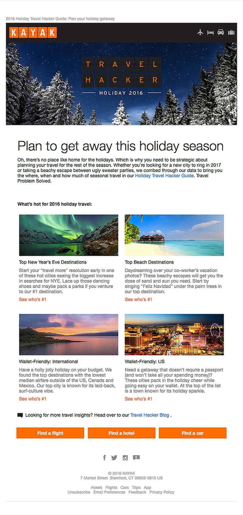 Kayak email showing an example of a travel agency email focusing on the winter holiday season