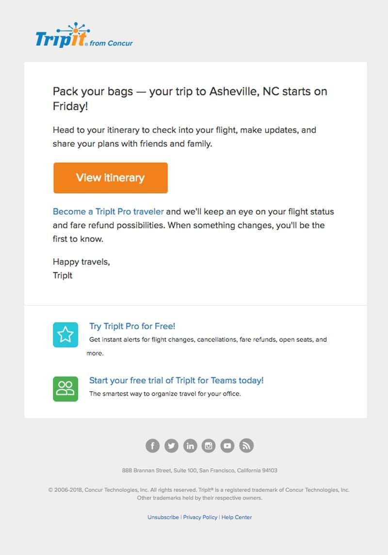 Tripit email showing an example of a travel agency booking confirmation