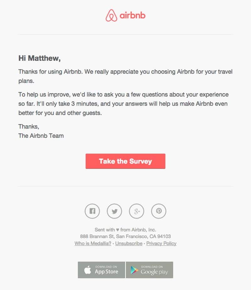 Airbnb email showing an example of a travel agency thank you message