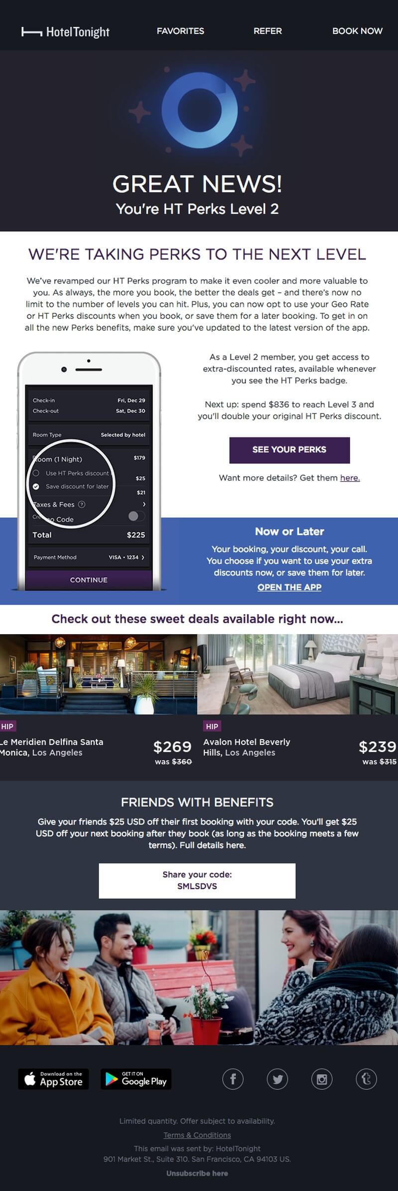 HotelTonight email showing an example of a travel agency loyalty reward email