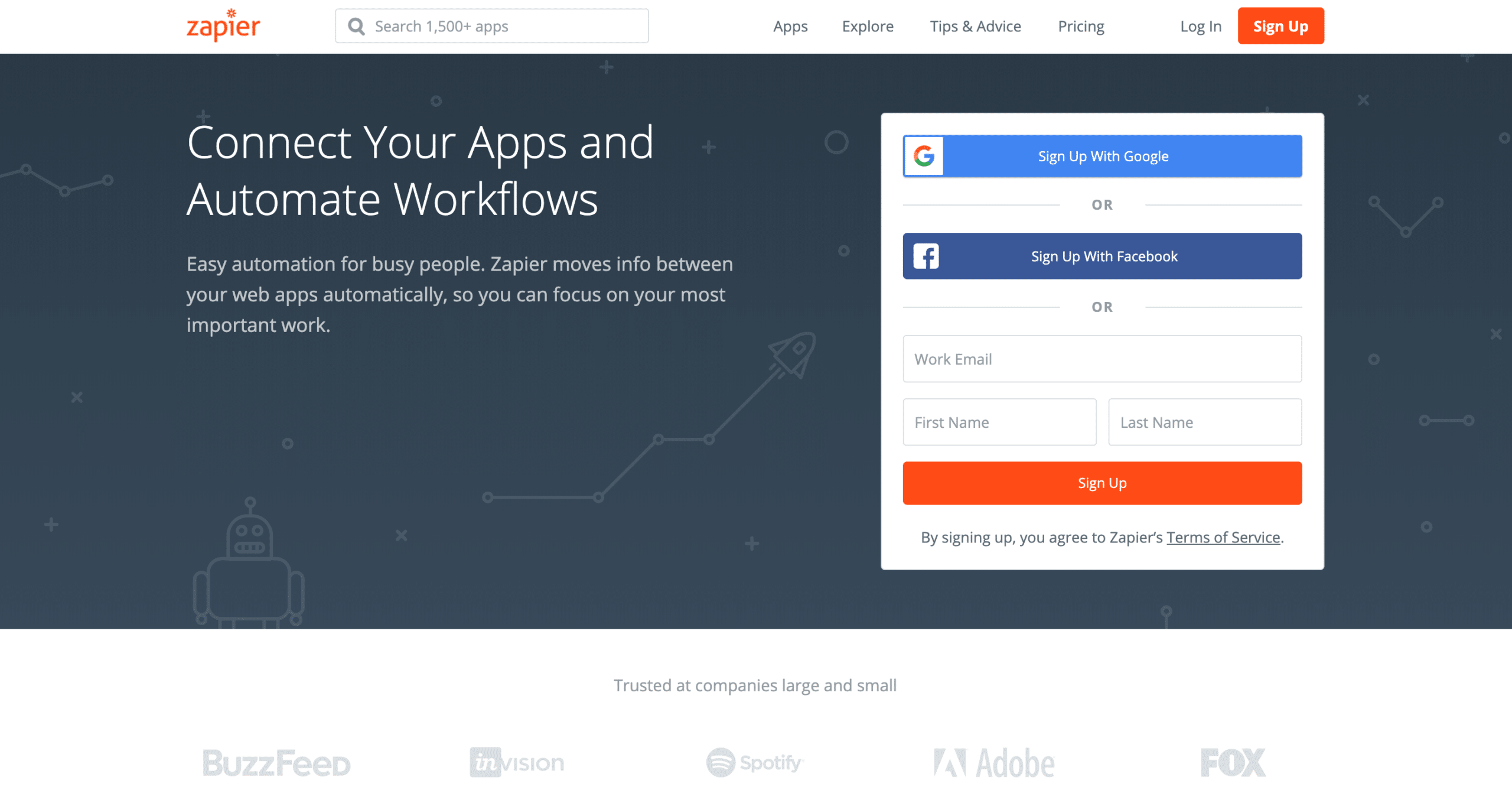 Zapier landing page example using short copy and a signup form in one page