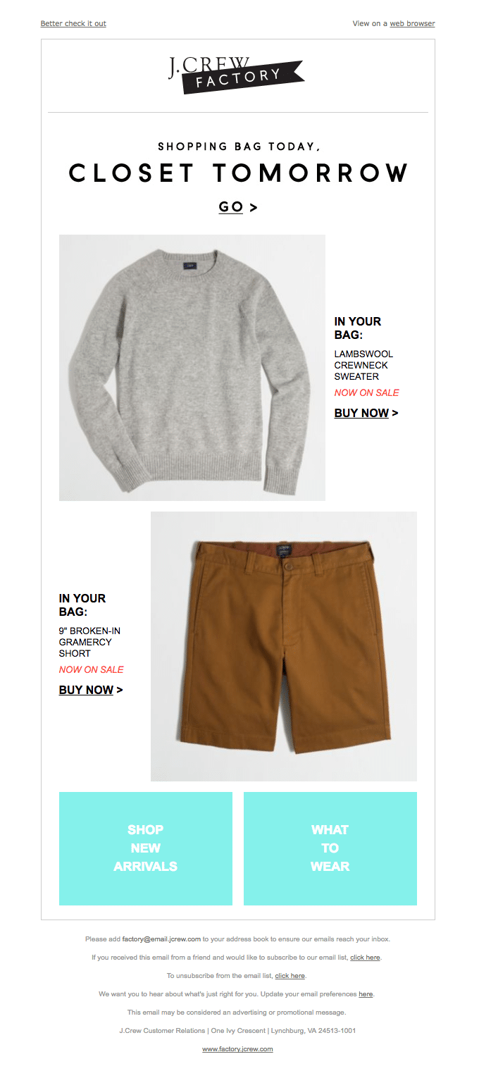 J. Crew Cart Abandonment Email Example