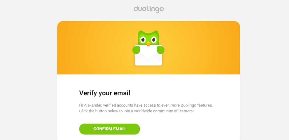  A confirmation email from Duolingo.