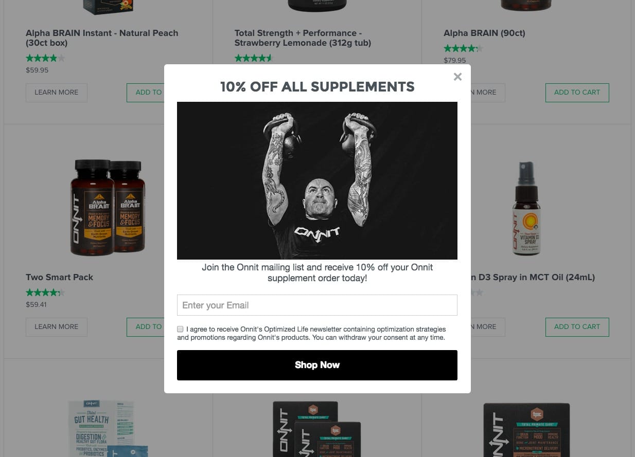 Onnit email sign up pop up example