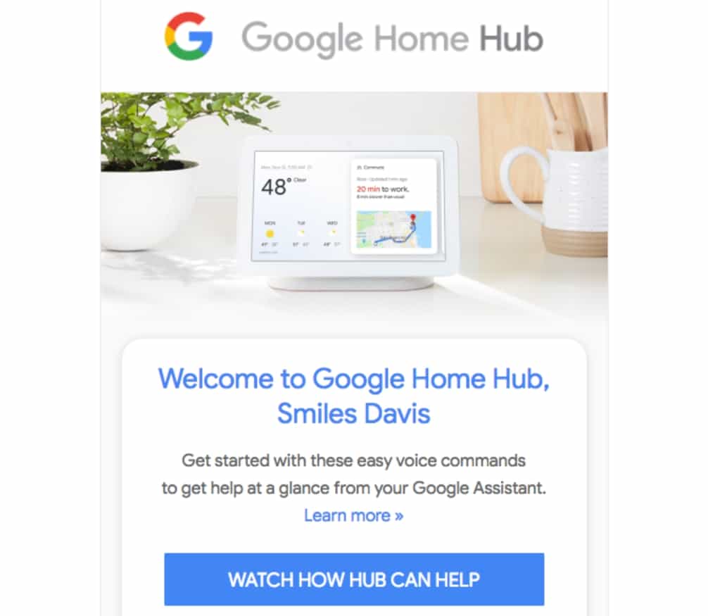 A welcome email from Google Home Hub.