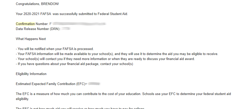 FAFSA confirmation email.