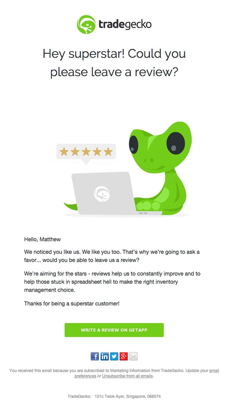 TradeGecko email asking customers for feedback