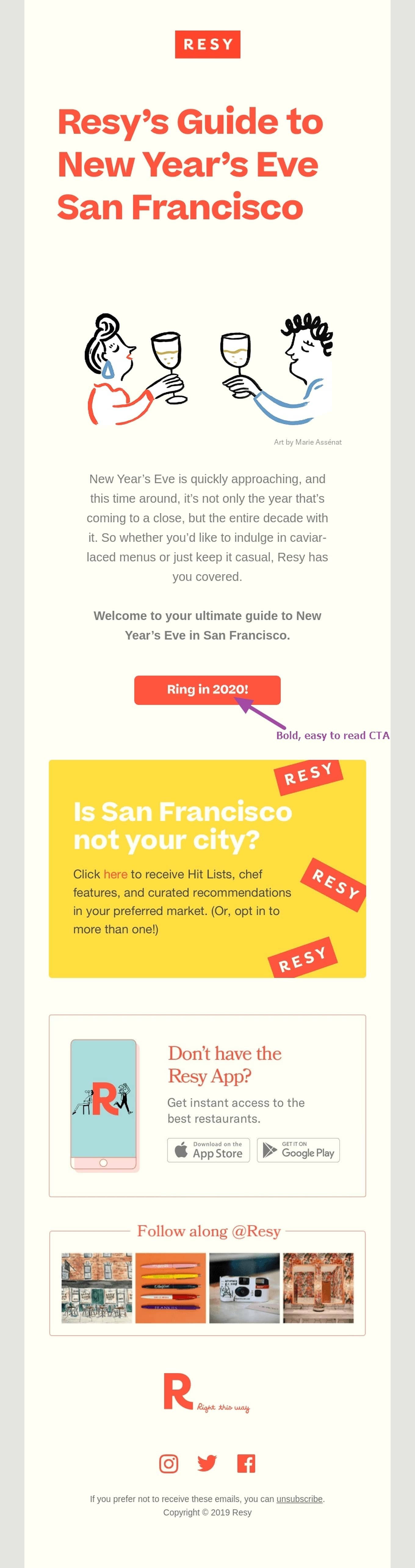  Example of a bold, short and sweet email CTA from Resy.