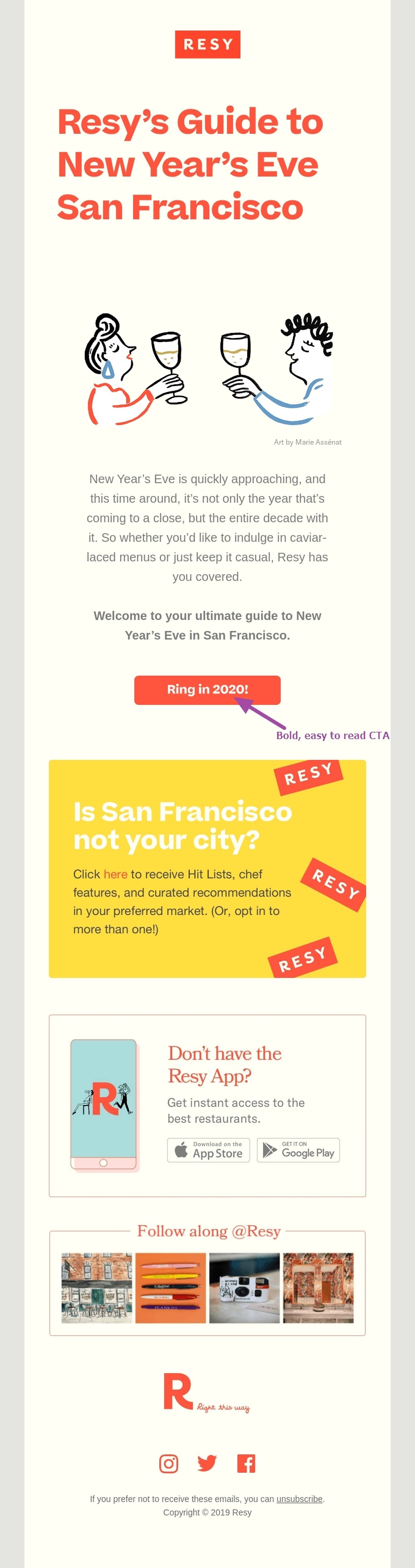 Example of a bold, short and sweet email CTA from Resy.