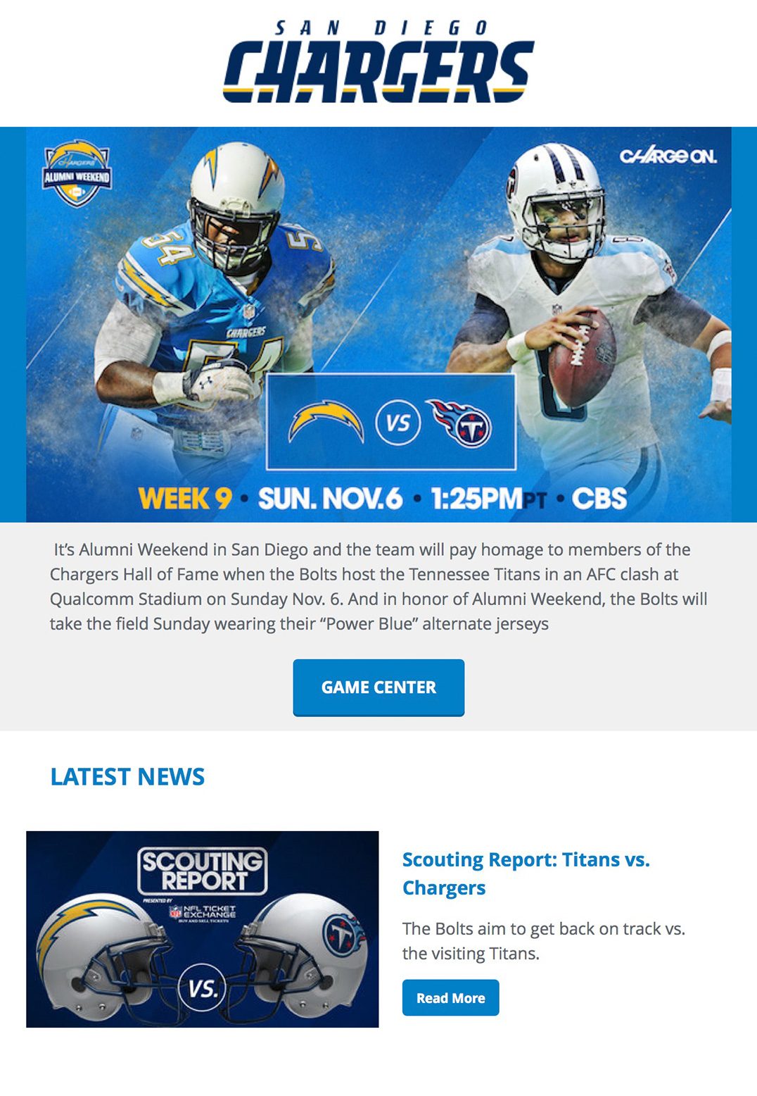 Newsletter email from the San Diego Chargers