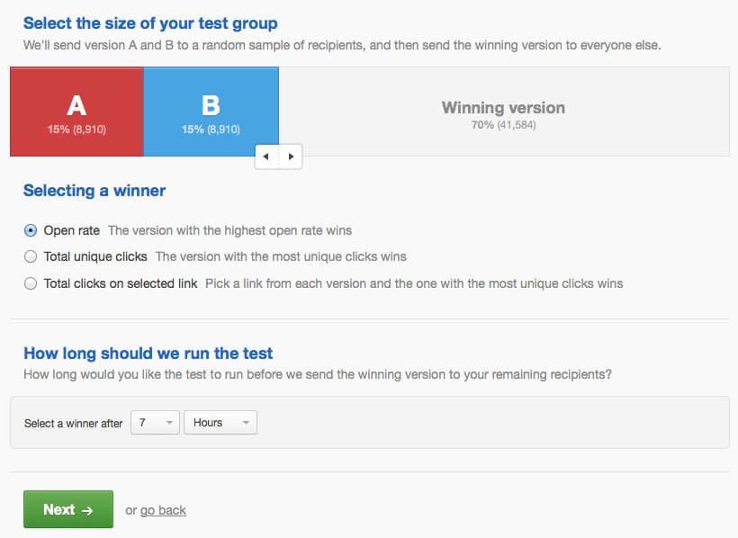 A/B split test setup