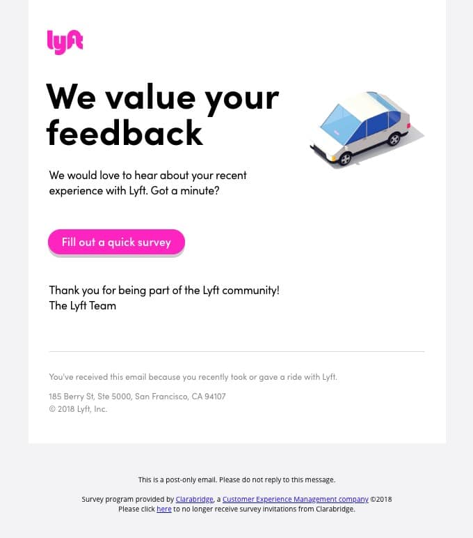 Lyft asks for customer feedback in emails