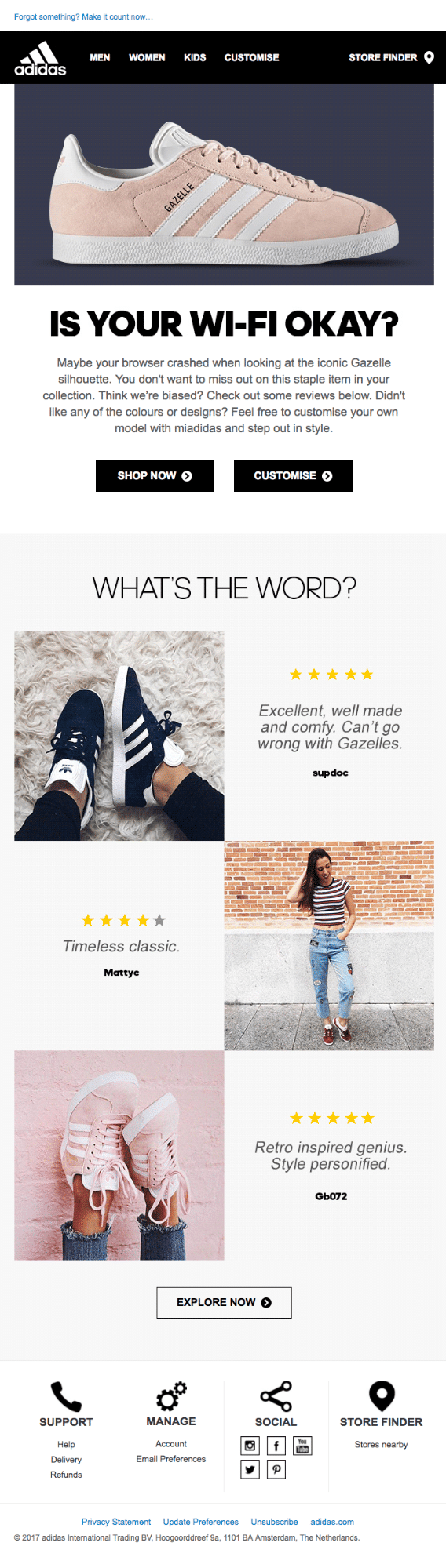 Adidas shows how you can use UGC reviews in your automated emails.