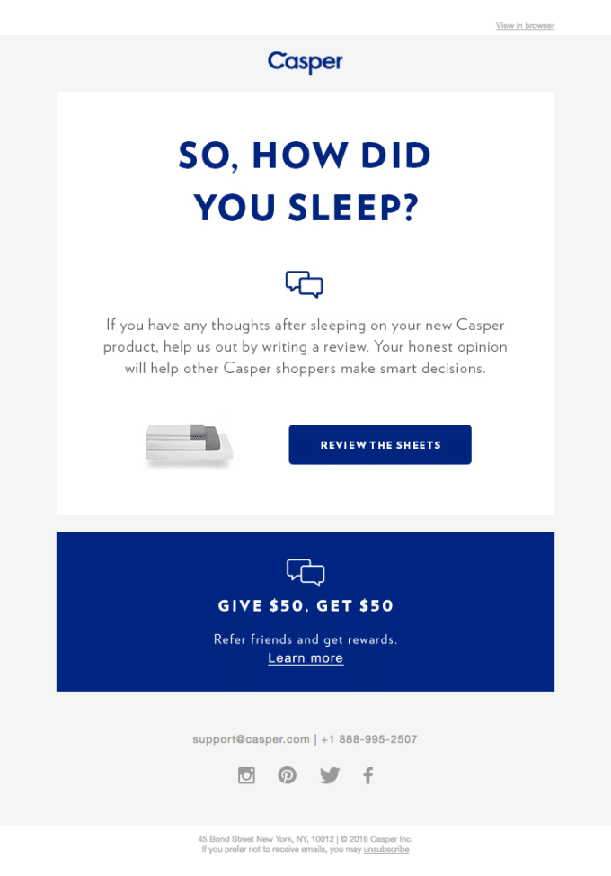 This Casper email asks for UGC by asking customers for reviews