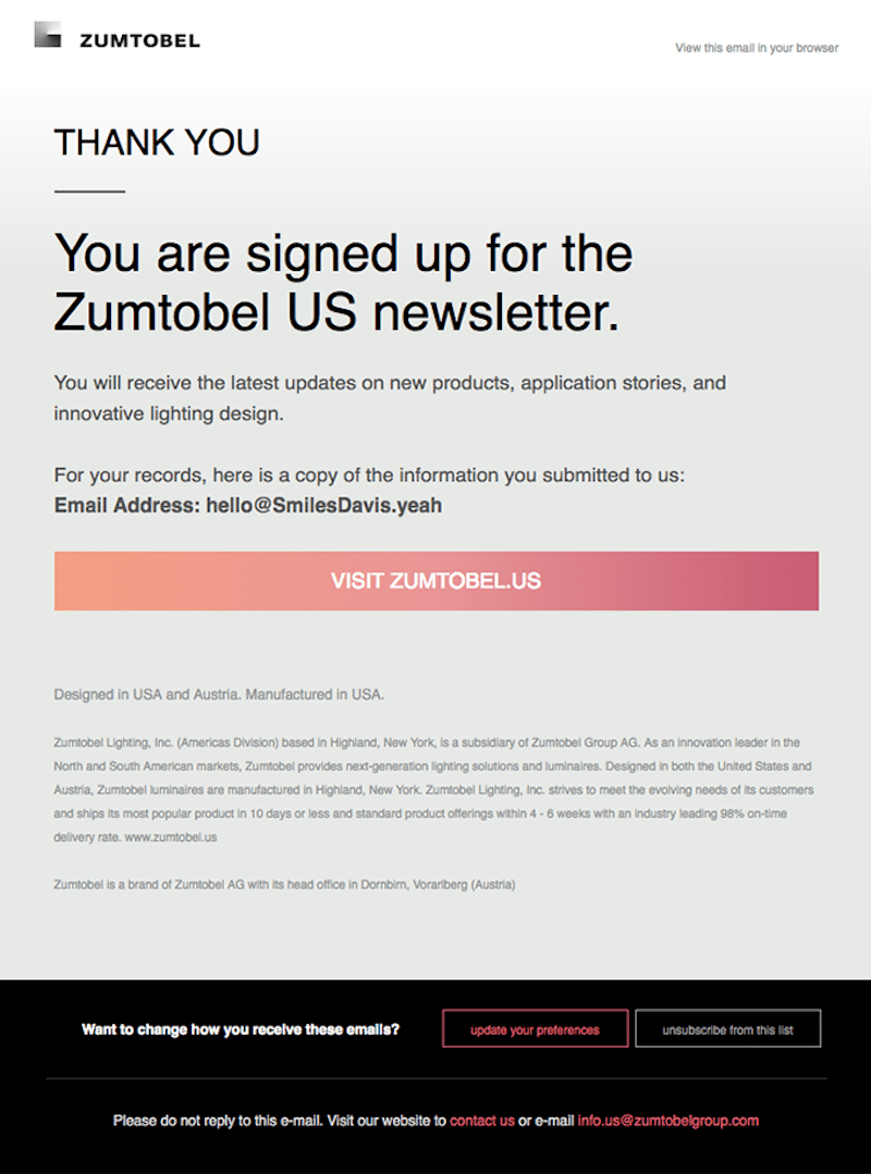 Zumtobel US newsletter confirmation email