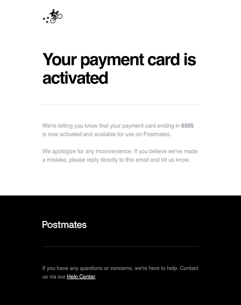 Postmates activated card confirmation email