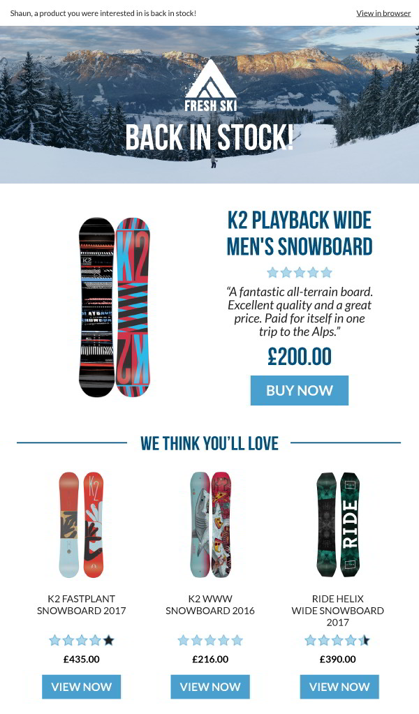 Replenishment emails, like this one from Fresh Ski, are perfect examples of relevant triggered emails.