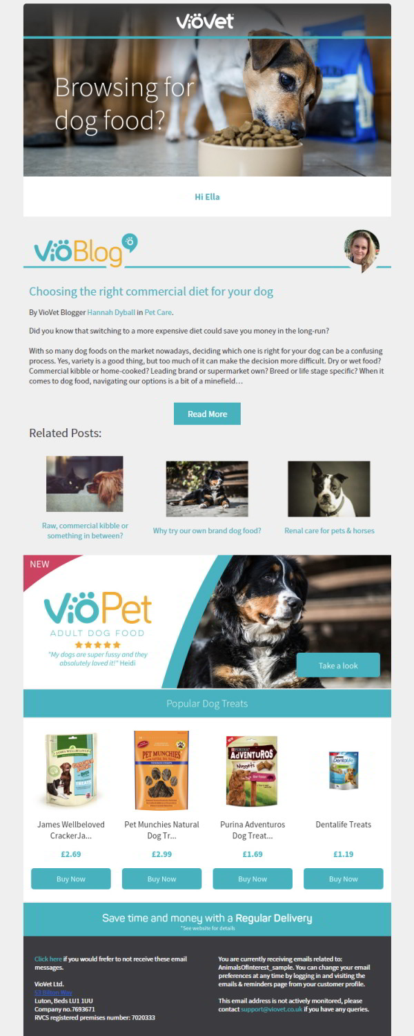You can send triggered emails to existing subscribers who have browsed your site, like VioVet does.