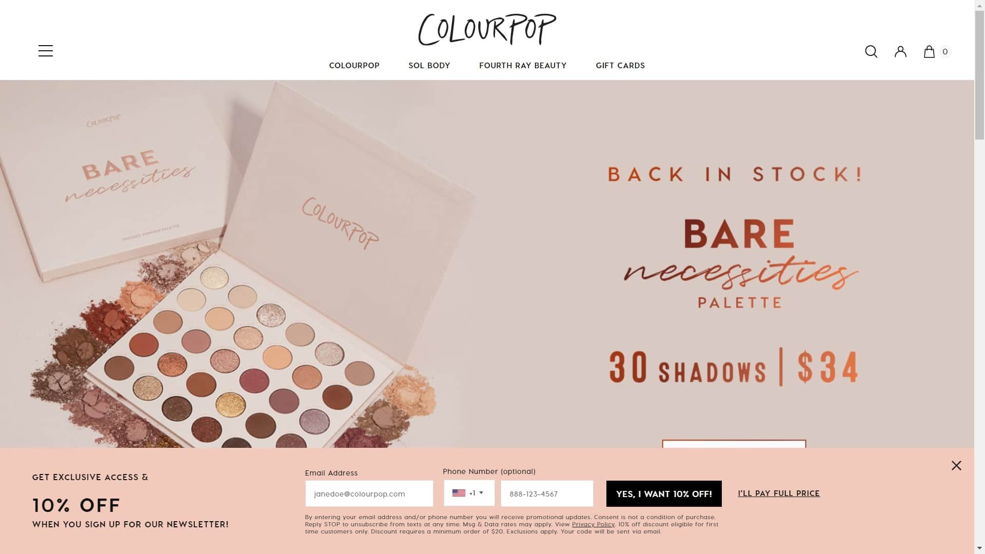 ColourPop Cosmetics newsletter signup 10 percent discount offer