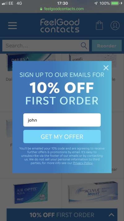 Coupons are a great way to get signups, judging from this FeelGood Contacts pop-up. Once subscribers put in their email addresses, send them triggered emails.
