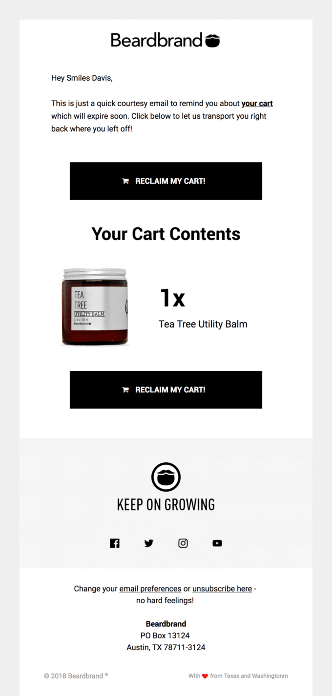 Beardbrand sends personalized abandoned cart emails.