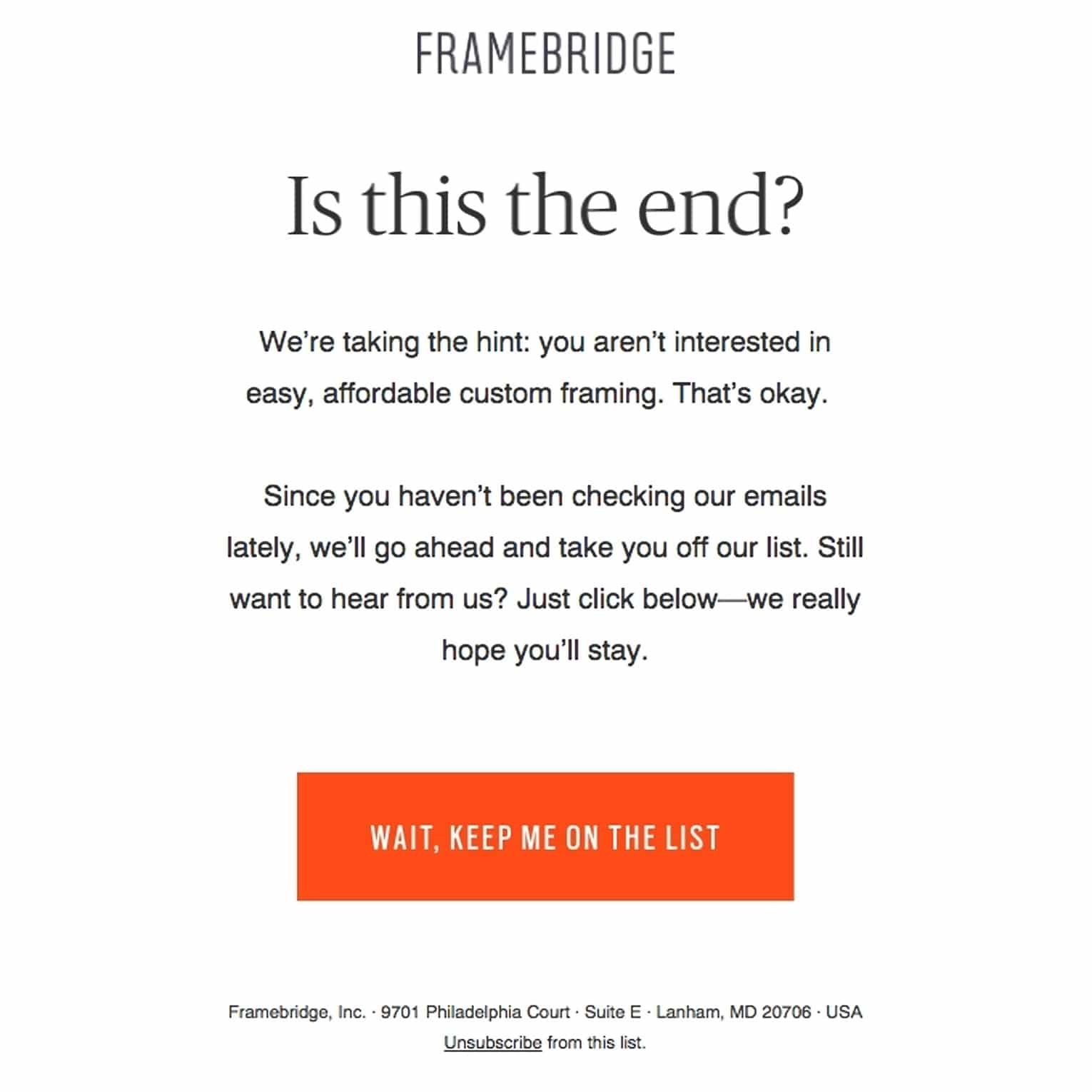 Framebridge email showing an example of a re-engagement message