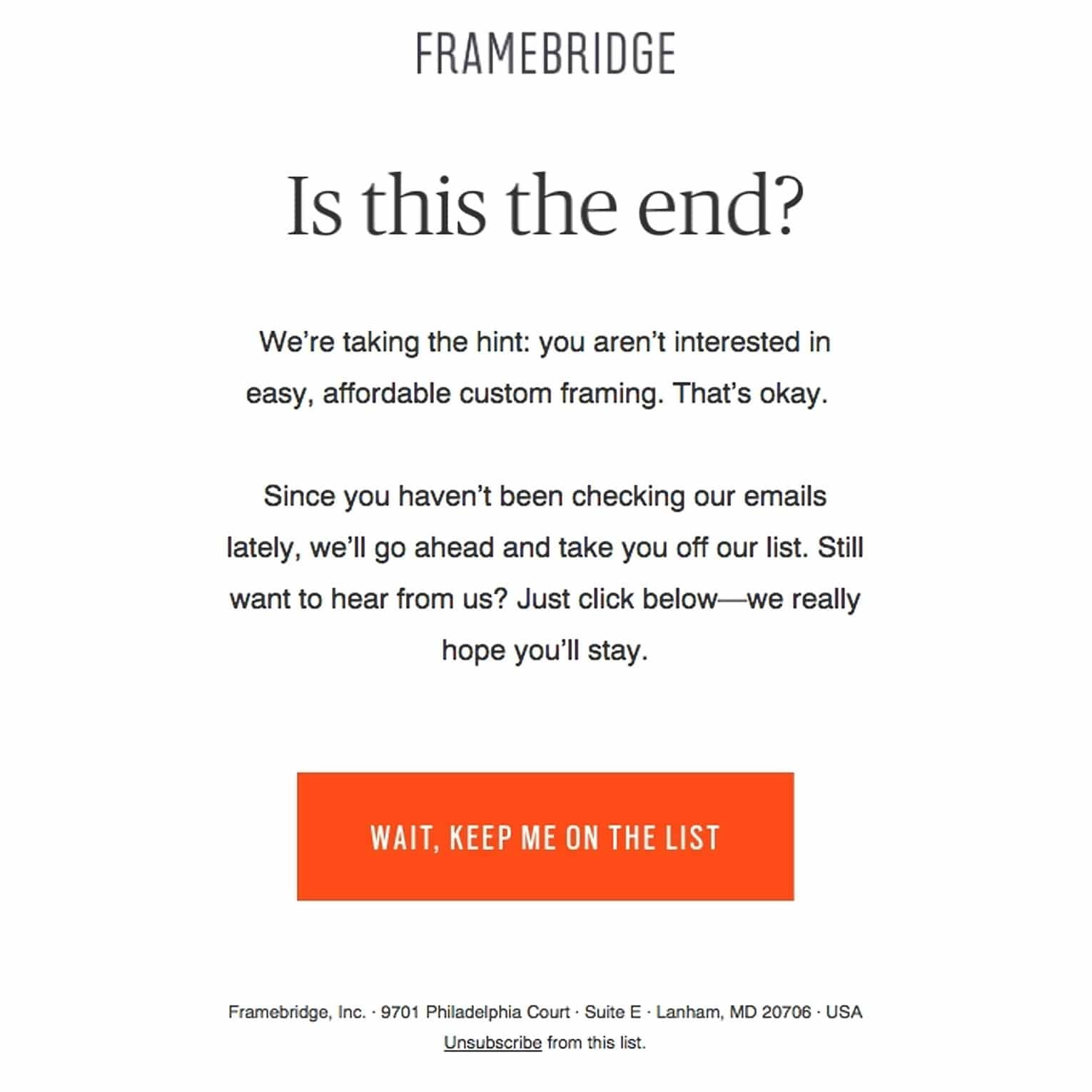 Framebridge email showing an example of a re-engagement message