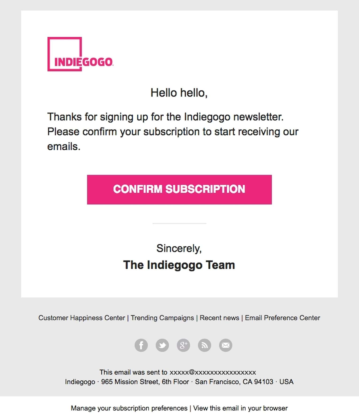 Double opt-in Indiegogo email 
