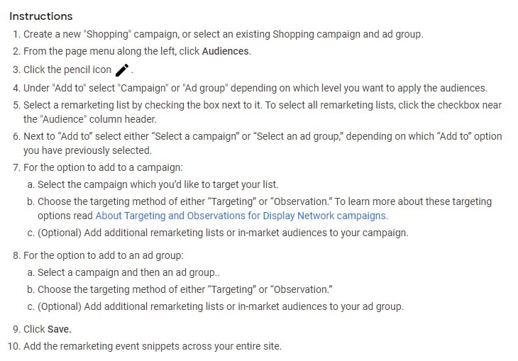 Here are Google’s steps on how to use RLSAs with Shopping campaigns: 