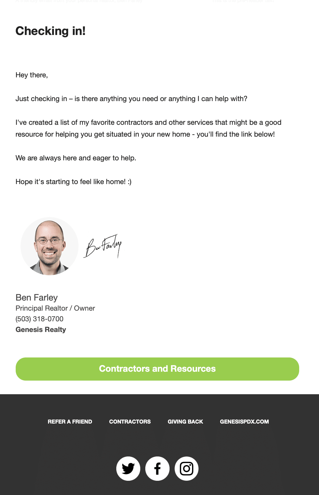 This email from Ben at Genesis Realty reminds the buyer of their home purchase a year ago and points them to resources if they need help.