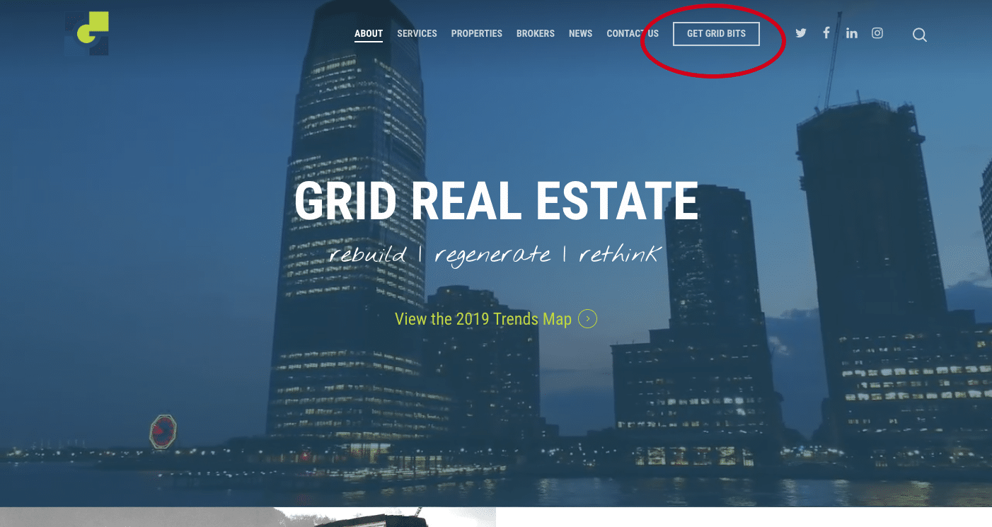 Grid Real Estate screenshot of their home page with email sign-up button