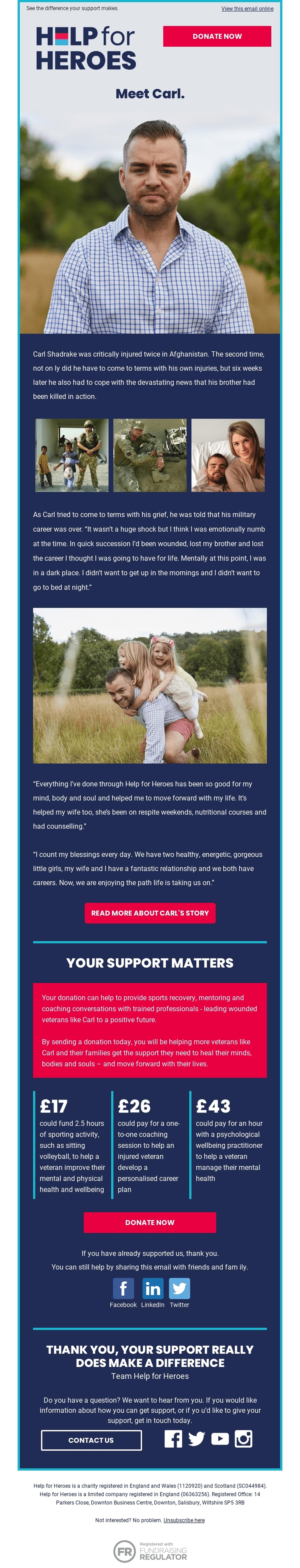  Help for Heroes email using hope as an emotional trigger by telling real stories