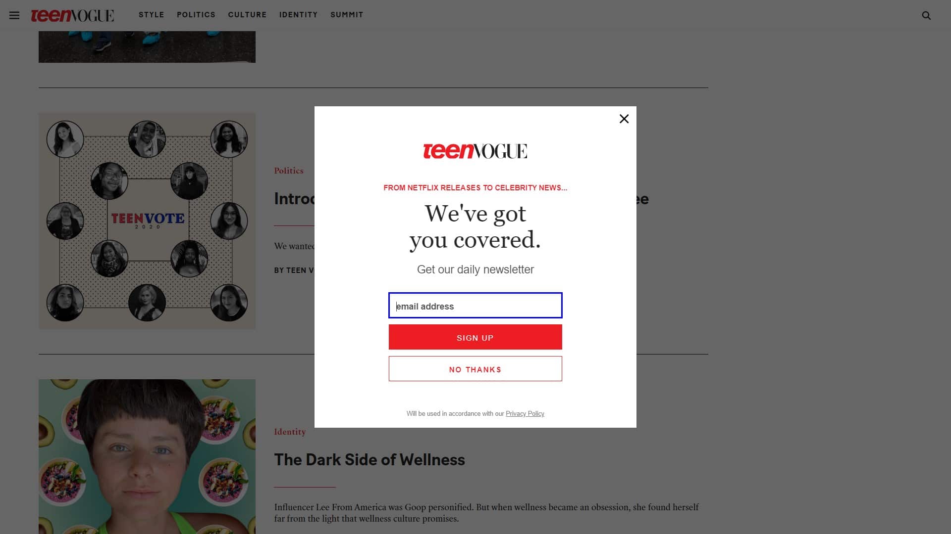 Teen Vogue newsletter signup form popup appealing to a young audience