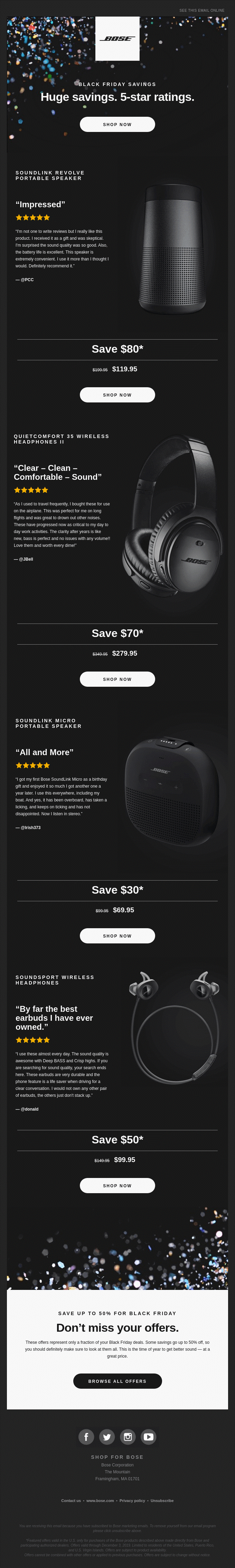 Bose uses testimonials in a Black Friday email.
