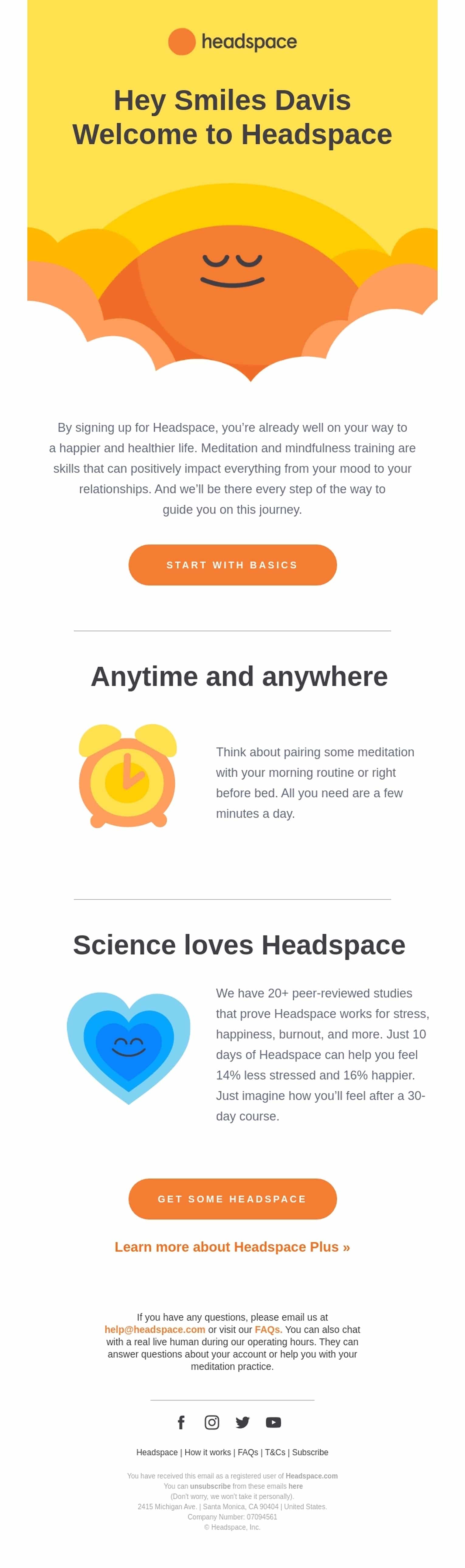  Headspace email showing an example of a welcome message