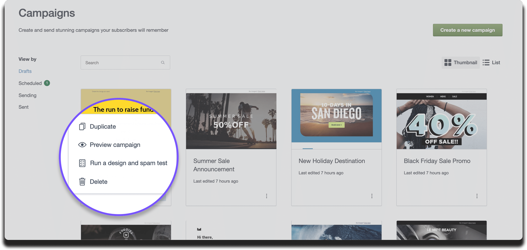 Showing the New campaign menu option for each thumbnail in the campaign page
