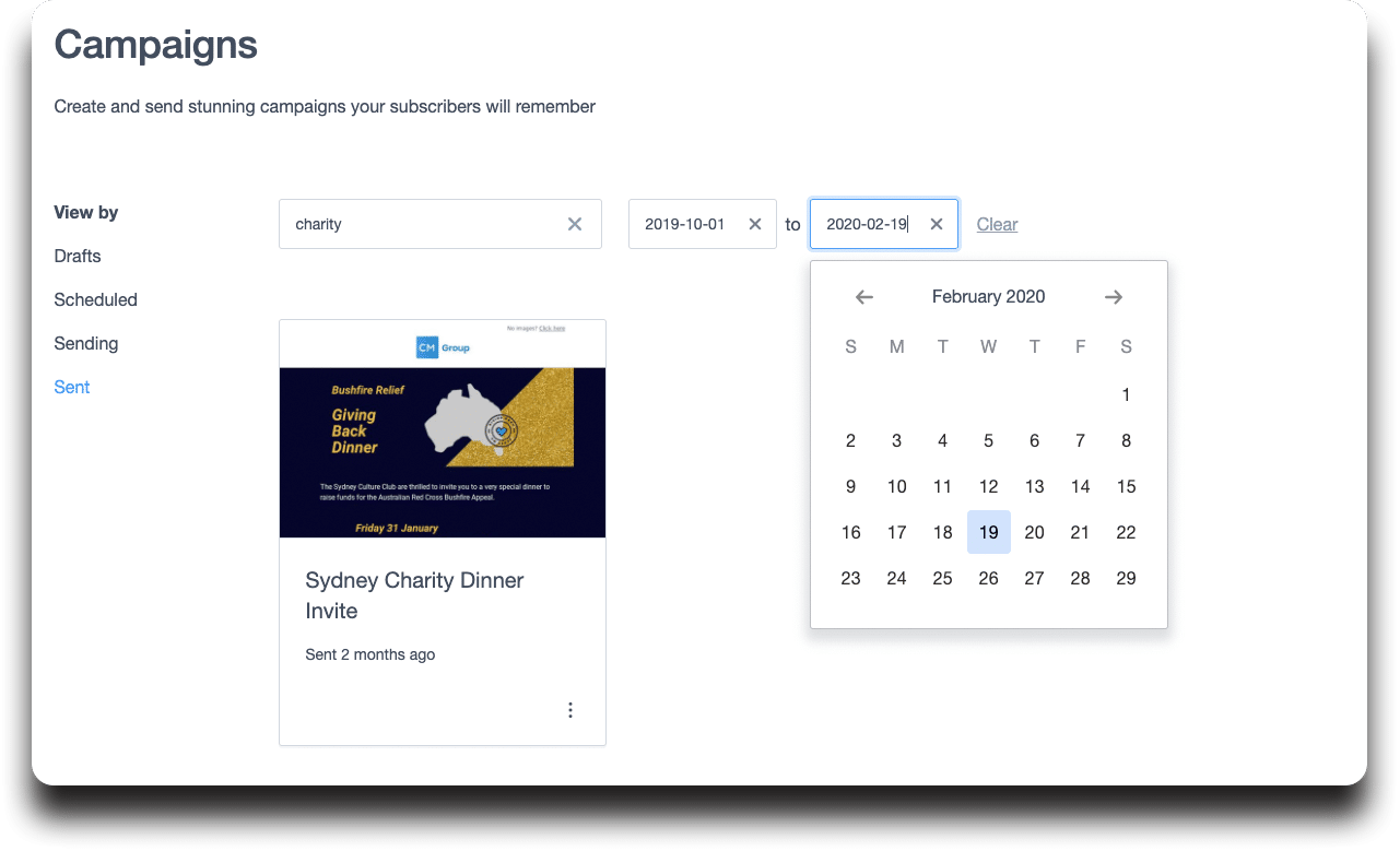 campaign search feature showing a calendar to pick which date range you want to see campaigns from