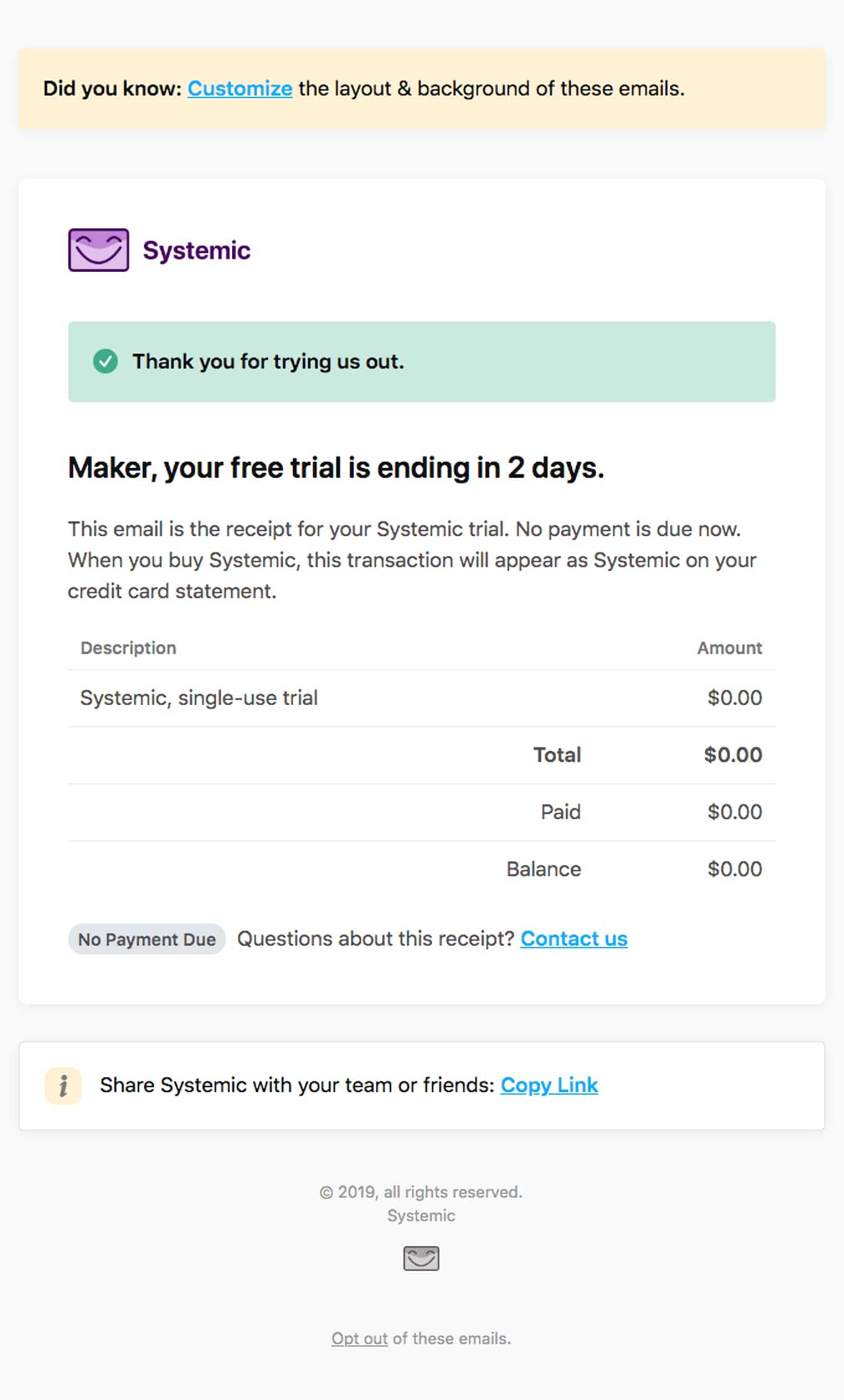 Systemic free trial up reminder