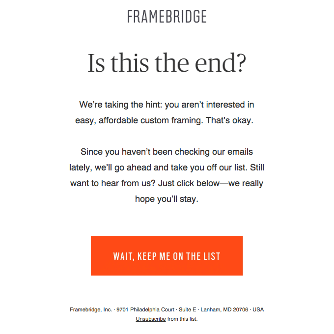 Framebridge utilizes email retargeting by emailing inactive subscribers with this re-engagement email.