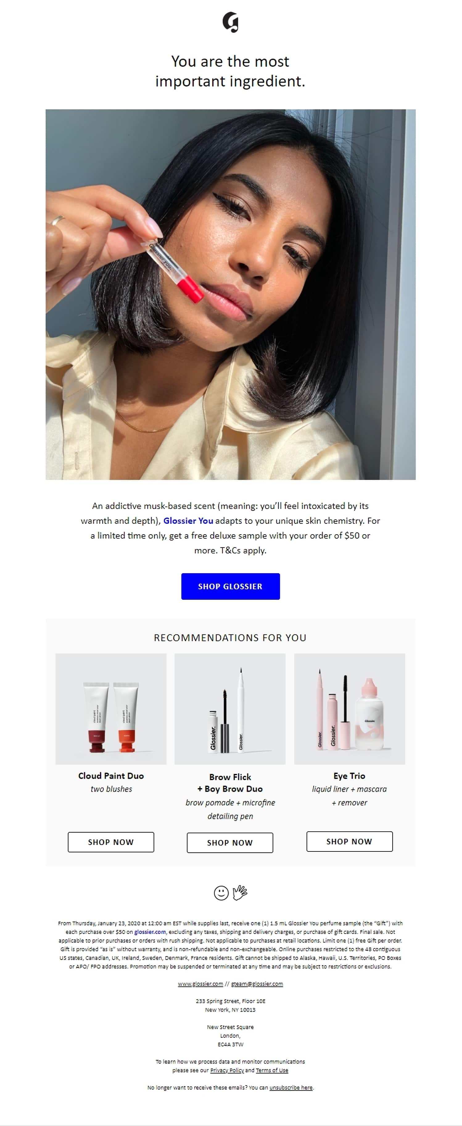 Subliminal advertising in email marketing - Glossier's image and headline