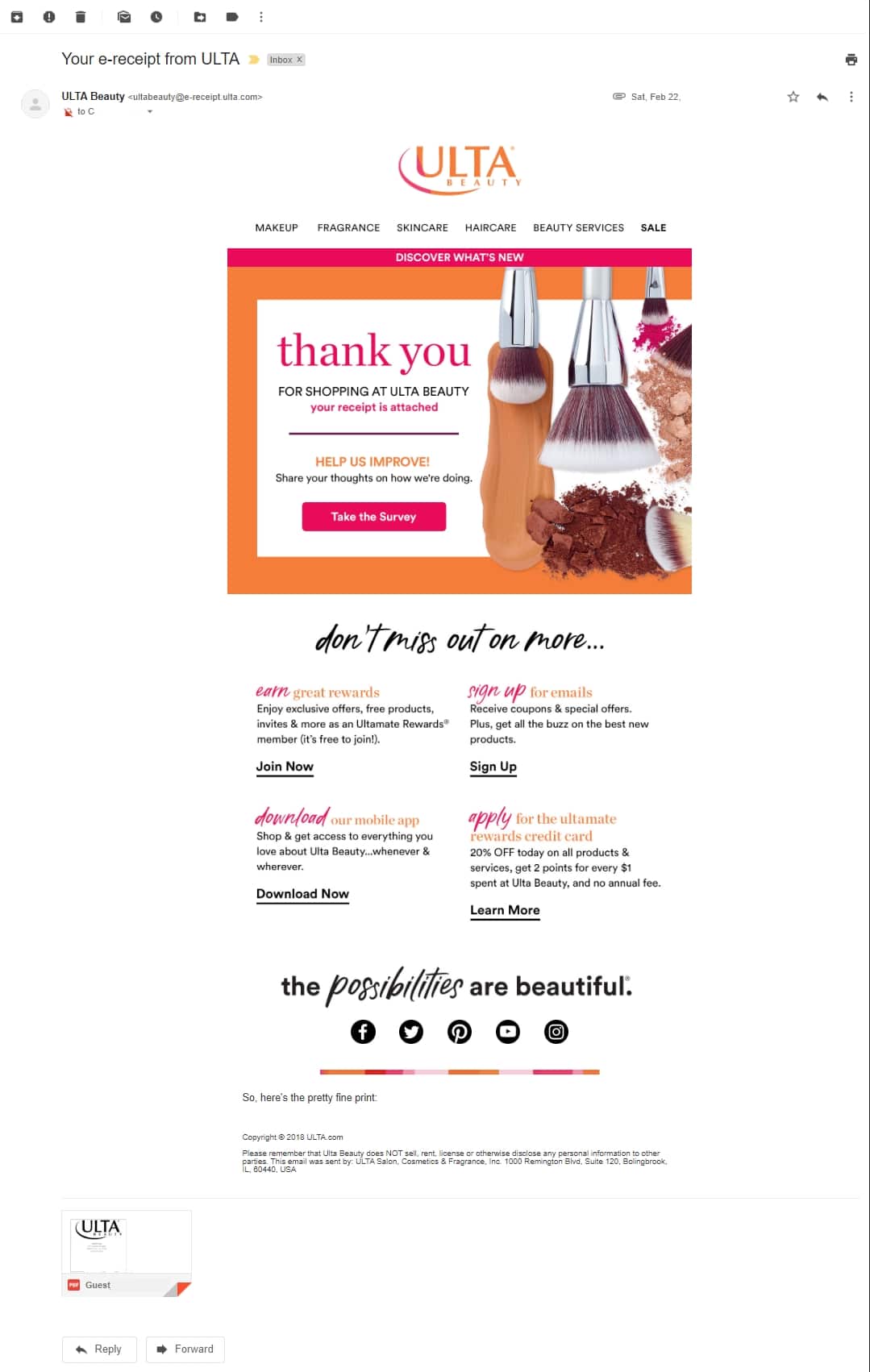 Ulta Beauty transactional email