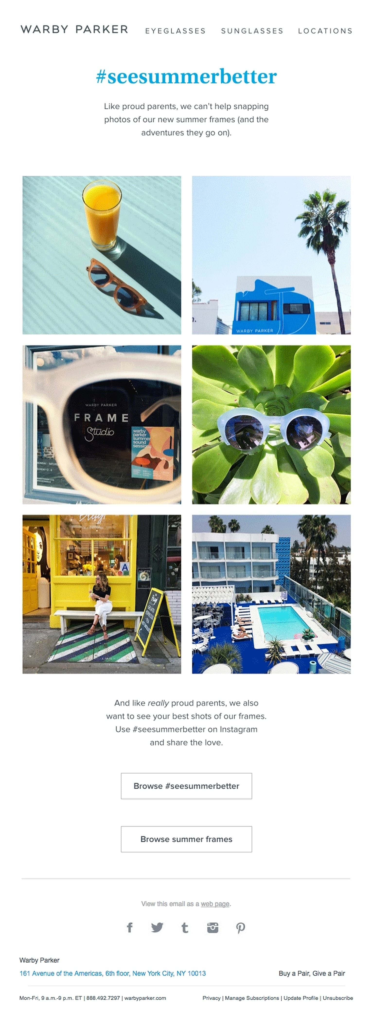  Warby Parker email featuring social media integration